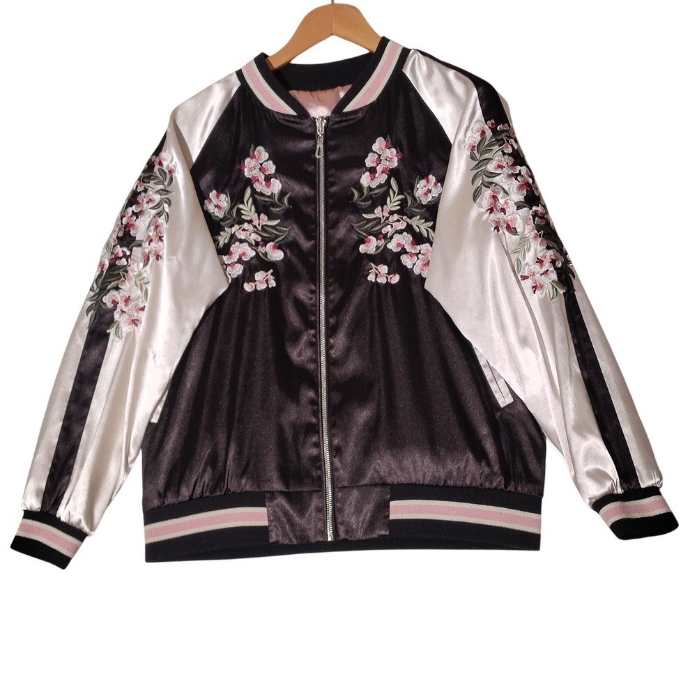 Venus Black Satin Reversible Jacket Embroidered Floral Pink White Women's Size S
